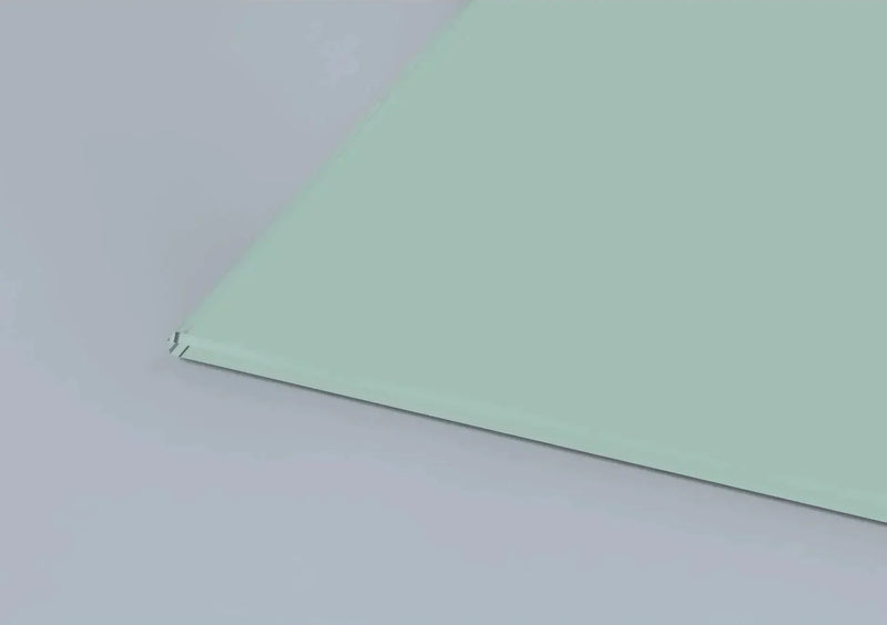 Smooth mint green architectural glass panel with polished edge, ideal for modern interiors and bespoke installations.
