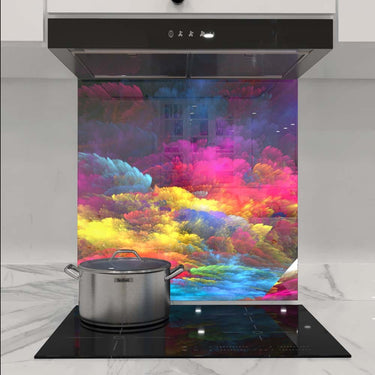 Vibrant abstract glass splashback in modern kitchen with induction hob and stainless steel pot