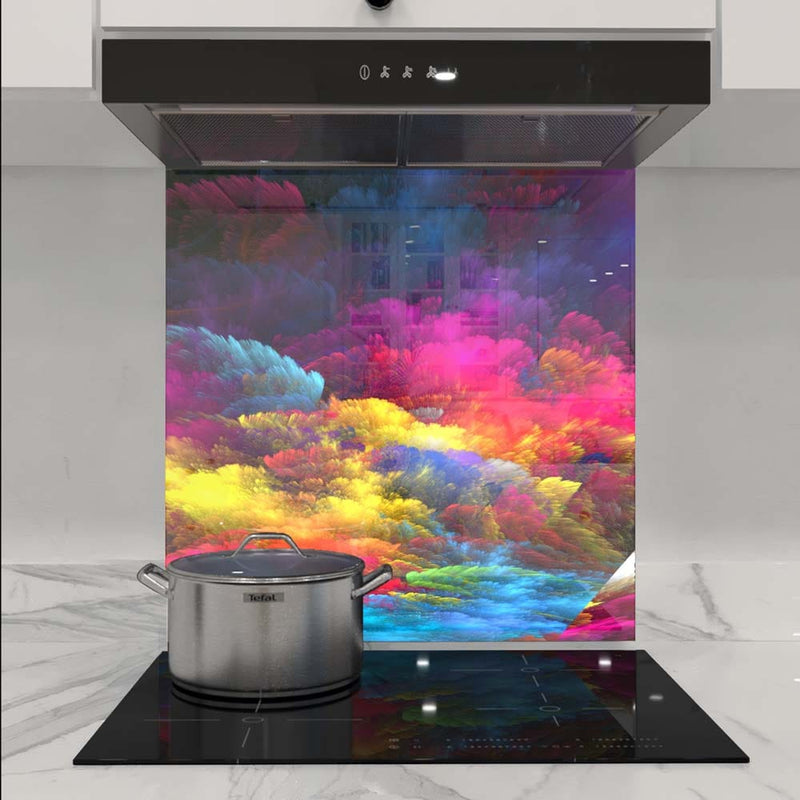 Vibrant abstract glass splashback in modern kitchen with induction hob and stainless steel pot