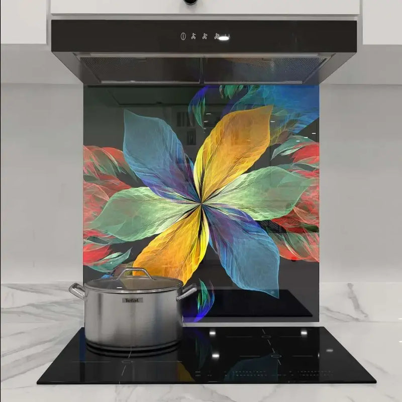 Vibrant floral glass splashback in modern kitchen, featuring colorful abstract design behind induction hob