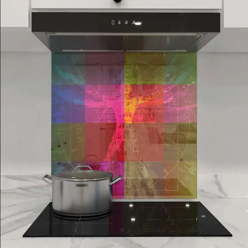 Colorful digital art glass splashback behind induction hob in modern kitchen