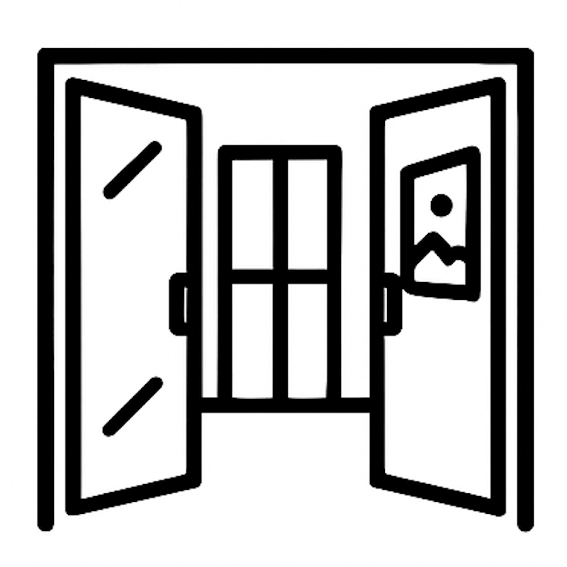 Icon of an open door with a window, showing a person inside.