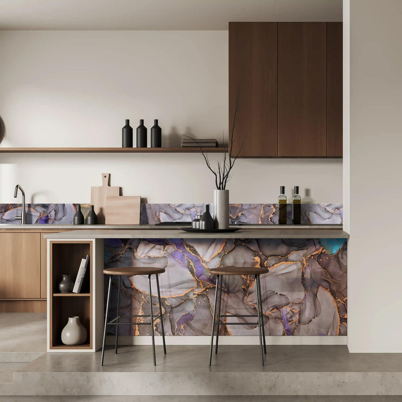 Bespoke decorative glass splashback with purple and gold abstract design in modern kitchen