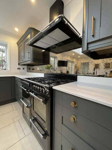 Luxury kitchen with grey cabinets, black range cooker, and decorative glass splashback