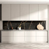 Modern kitchen with black marble-effect glass splashback and sleek white cabinets