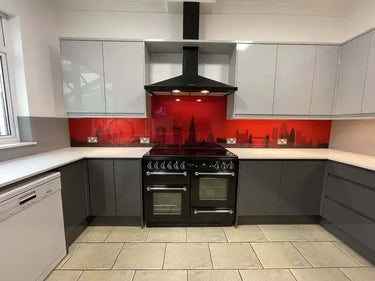 Red London Skyline Printed Landscape Glass Kitchen Splashback - Bespoke - CreoGlass®