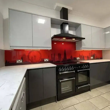 Red London Skyline Printed Landscape Glass Kitchen Splashback - Bespoke - CreoGlass®