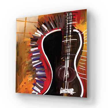 Abstract guitar wall art with bold red, black, and gold brushstrokes for modern interior decor