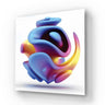 Abstract 3D glass art with vibrant blue, pink, and yellow swirls on white panel