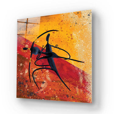 Abstract glass art panel with bold black figure on fiery red and gold background, ideal for modern interiors.