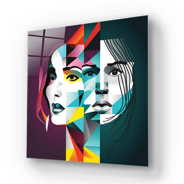 Bespoke decorative glass art featuring geometric female portrait with vibrant colors and modern design