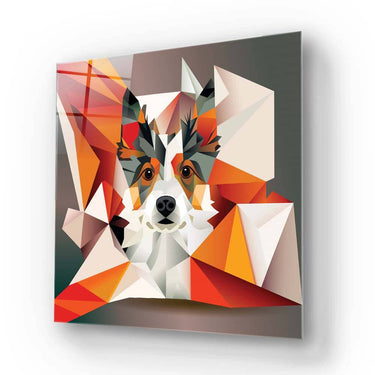 Geometric dog portrait on decorative glass art panel, modern wall decor with vibrant orange and white tones