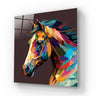 Vibrant geometric horse portrait on glass art panel, colorful modern wall decor for luxury interiors