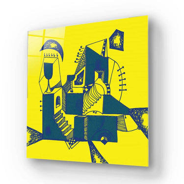 Vibrant yellow and blue abstract glass art panel with geometric shapes and stair motifs, ideal for modern interiors.