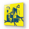 Vibrant yellow and blue abstract glass art panel with geometric shapes and stair motifs, ideal for modern interiors.