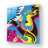 Vibrant abstract glass art with jazz musician, piano keys, and saxophone, ideal for modern interior decor.