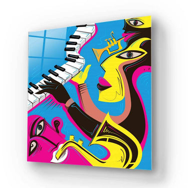 Vibrant abstract glass art with jazz musician, piano keys, and saxophone, ideal for modern interior decor.