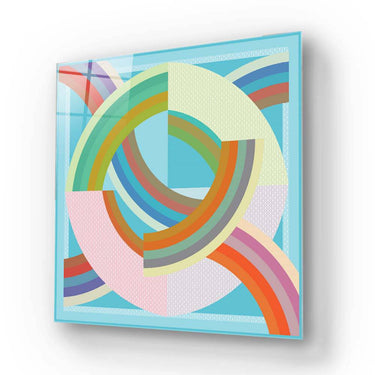 Bespoke decorative glass panel with colorful geometric rainbow design for modern interiors