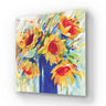 Vibrant sunflower art print on glass, ideal for luxury residential or commercial decor with bold yellow and blue tones.