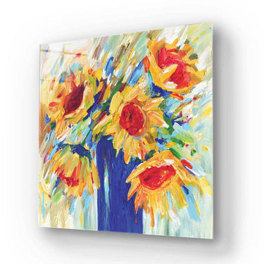 Vibrant sunflower art print on glass, ideal for luxury residential or commercial decor with bold yellow and blue tones.