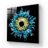 Bespoke decorative glass art with blue and yellow abstract design on black background