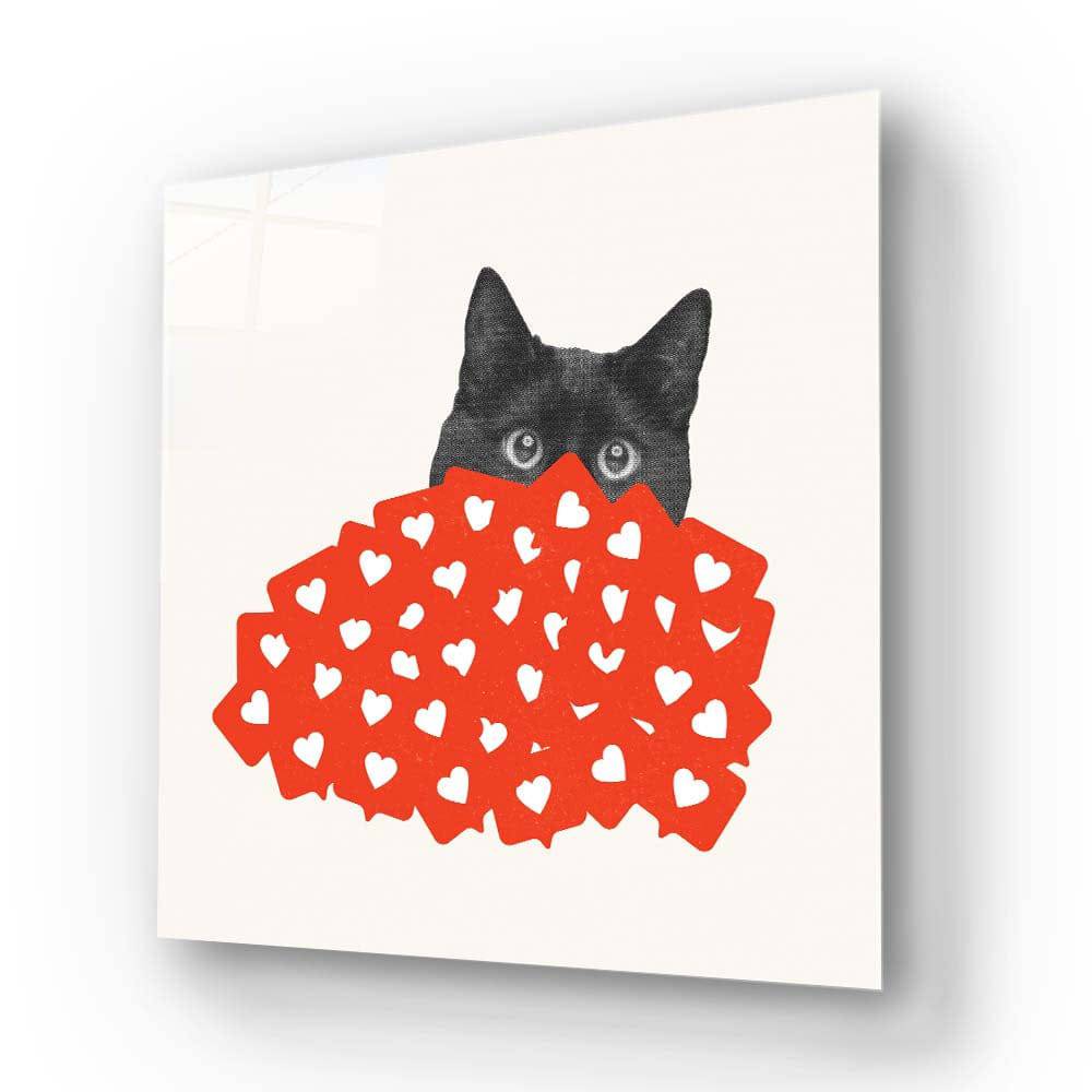 Black cat peeking over red heart-patterned decorative glass panel