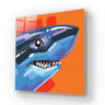 Vibrant blue shark art on glass panel, bold orange background, modern decorative glass artwork