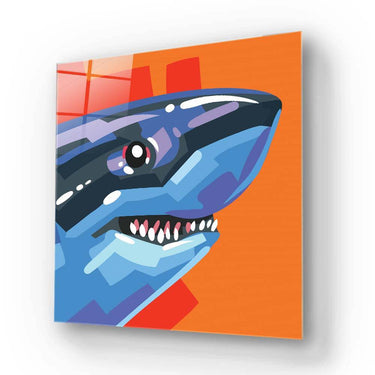 Vibrant blue shark art on glass panel, bold orange background, modern decorative glass artwork