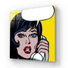 Pop art glass wall art with woman on phone, bold colors, halftone design for modern decor
