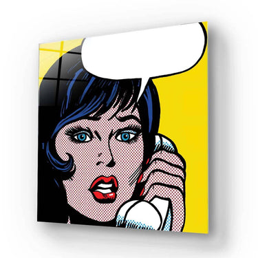 Pop art glass wall art with woman on phone, bold colors, halftone design for modern decor