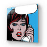 Pop art glass wall art with woman on phone, bold colors, halftone design, decorative glass panel