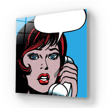 Pop art glass wall art with woman on phone, bold colors, halftone design, decorative glass panel