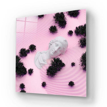 Bespoke decorative glass panel with classical bust and dark moss on pink ripple background