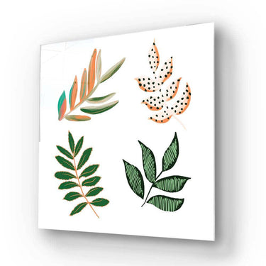 Decorative glass panel with botanical leaf designs in green, orange, and black patterns