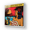 Pop art tropical paradise wall art with woman sipping cocktail, vibrant beach scene, decorative glass panel