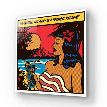 Pop art tropical paradise wall art with woman sipping cocktail, vibrant beach scene, decorative glass panel