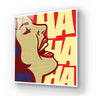Pop art glass panel with laughing woman and bold 'HA HA' text, decorative wall art