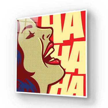 Pop art glass panel with laughing woman and bold 'HA HA' text, decorative wall art
