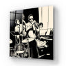 Black and white jazz band artwork on glass panel, featuring trumpet, bass, and drums for modern decor