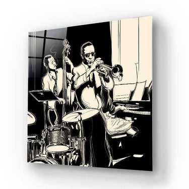 Black and white jazz band artwork on glass panel, featuring trumpet, bass, and drums for modern decor