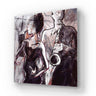 Abstract jazz musicians on decorative glass panel, ideal for luxury interiors and bespoke architectural design
