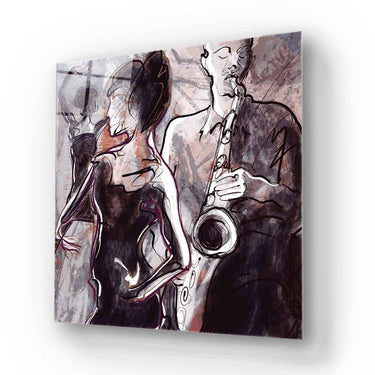 Abstract jazz musicians on decorative glass panel, ideal for luxury interiors and bespoke architectural design