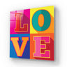 Vibrant 'LOVE' wall art in bold colors, modern decorative glass panel for home or office
