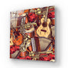 Vibrant musical instruments artwork on glass panel, featuring guitars, saxophone, trumpet, accordion for decorative interior design