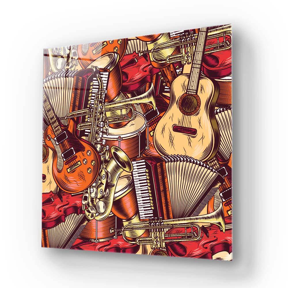 Vibrant musical instruments artwork on glass panel, featuring guitars, saxophone, trumpet, accordion for decorative interior design