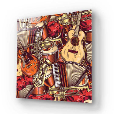 Vibrant musical instruments artwork on glass panel, featuring guitars, saxophone, trumpet, accordion for decorative interior design