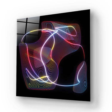 LED backlit decorative glass panel with colorful abstract light trails on black background