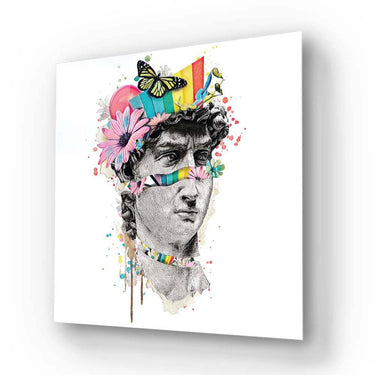 Colorful rainbow and floral art print on canvas featuring classical sculpture portrait with butterfly accents