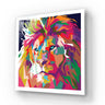 Vibrant geometric lion art print in bold colors, modern wall decor for luxury interiors