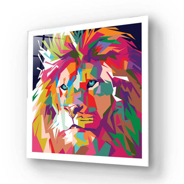 Vibrant geometric lion art print in bold colors, modern wall decor for luxury interiors